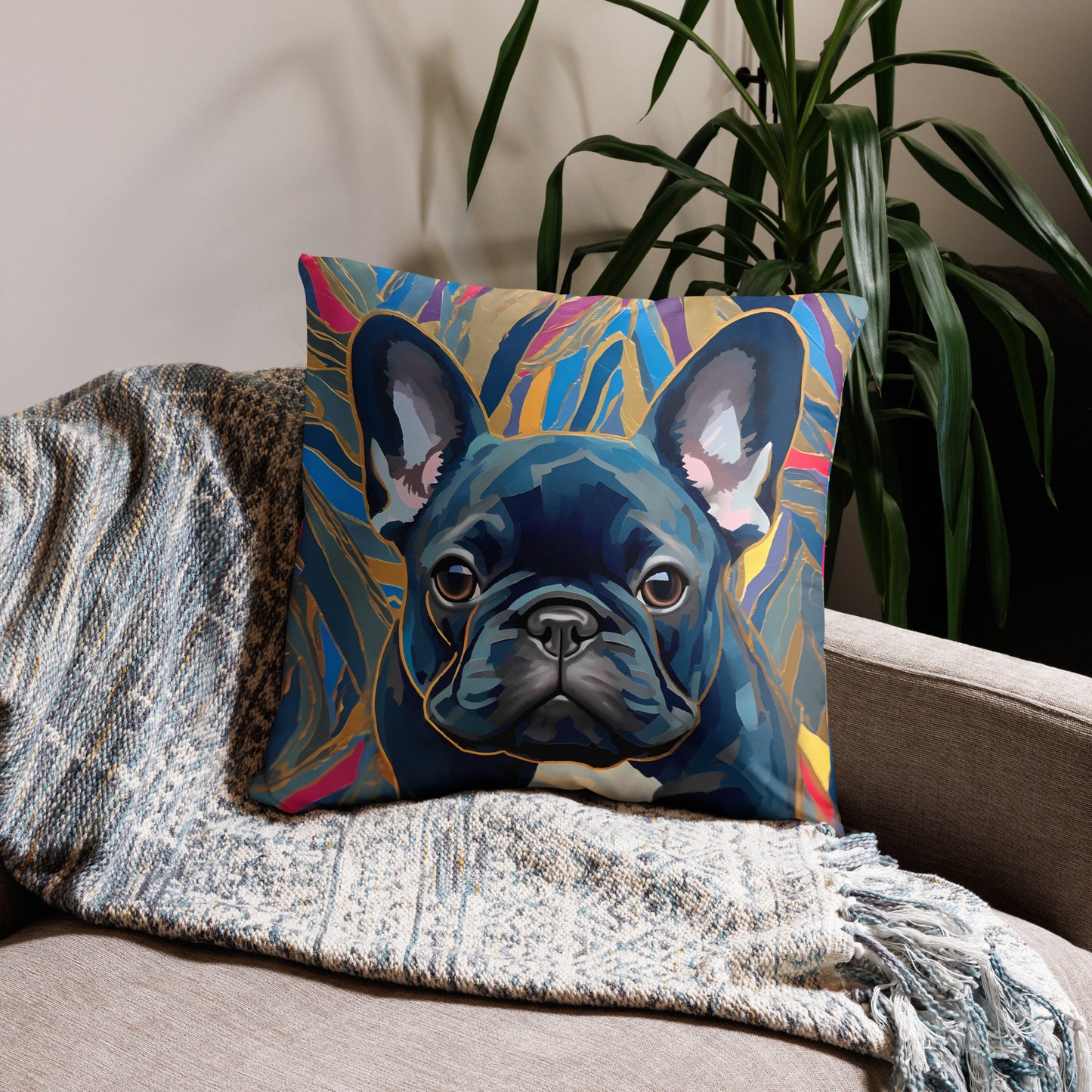 Gold & Blue Frenchie Pillow