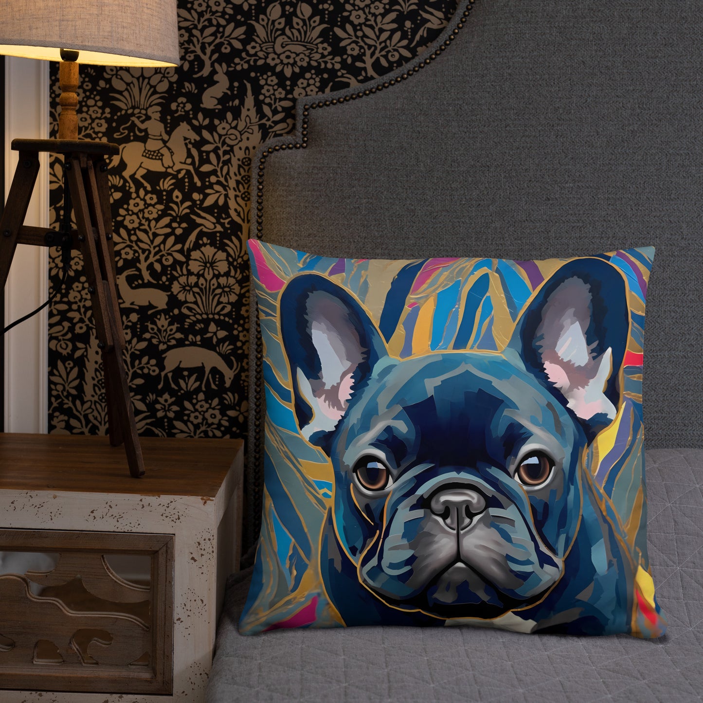 Gold & Blue Frenchie Pillow