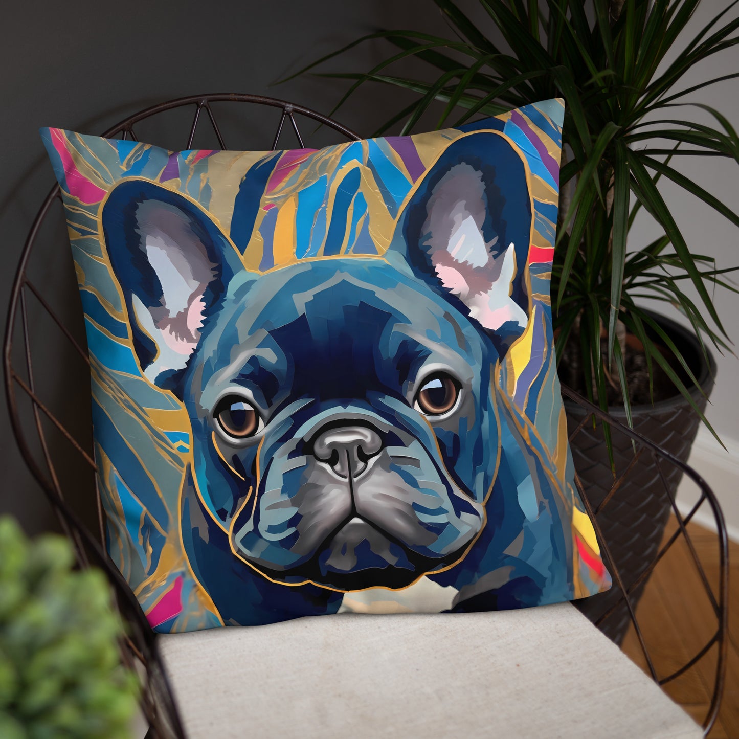 Gold & Blue Frenchie Pillow