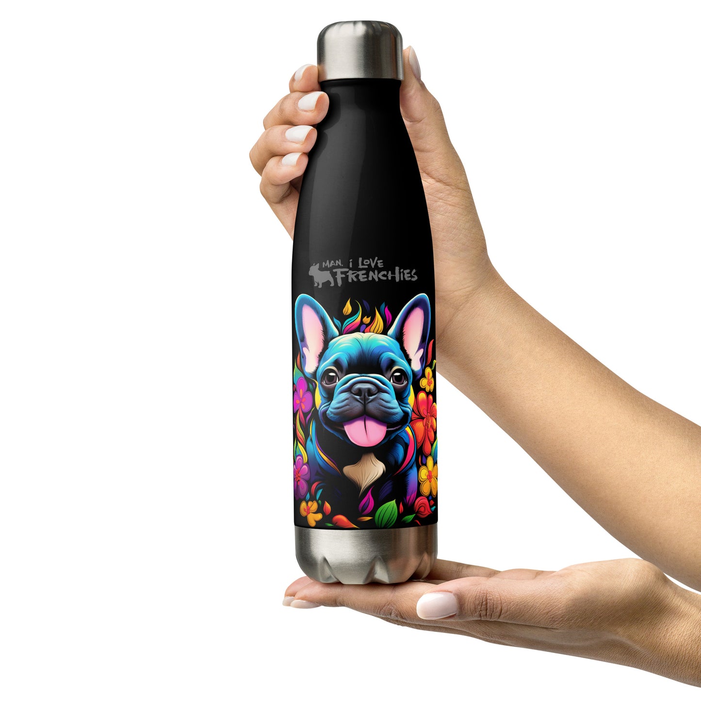 Neon Floral Frenchie - Stainless Steel Water Bottle