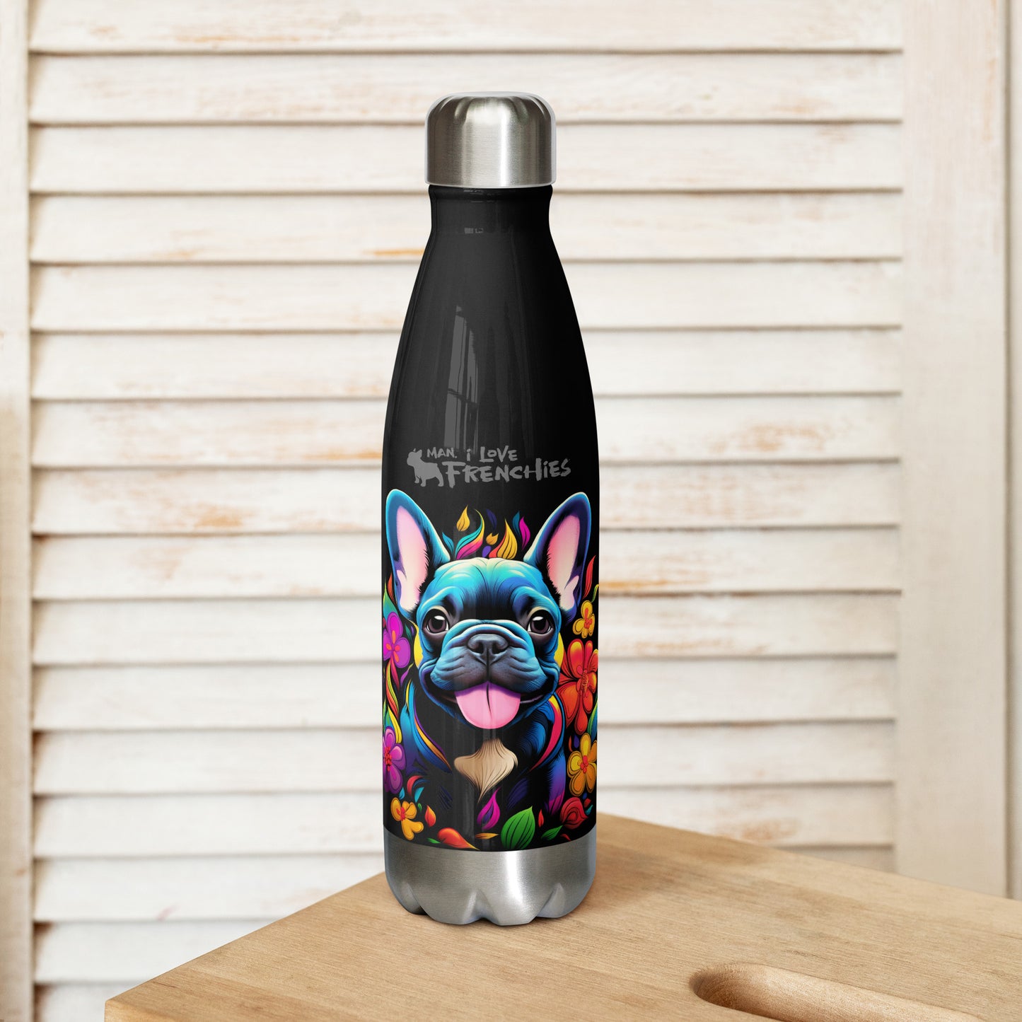 Neon Floral Frenchie - Stainless Steel Water Bottle