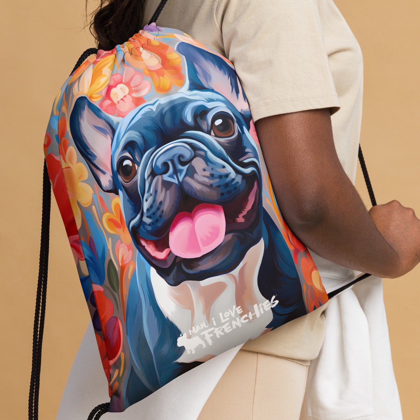 Flowers & Frenchies Drawstring Bag