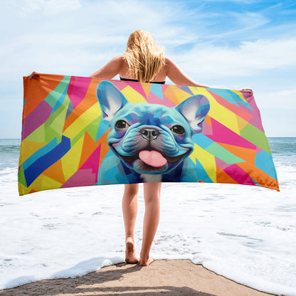 Blue Geometric Frenchie Beach Towel